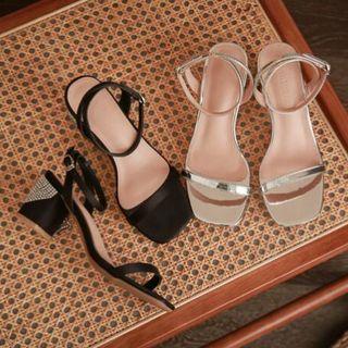 Ankle Strap Rhinestone Fringed Chunky Heel Sandals