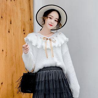 Long-sleeve V-neck Ruffled Sweater