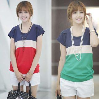 Short-sleeve Color Block Chiffon T-shirt