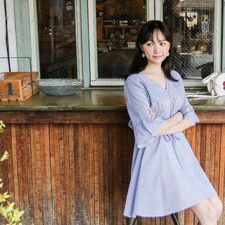 Elbow-sleeve Drawstring-waist Stripe A-line Dress