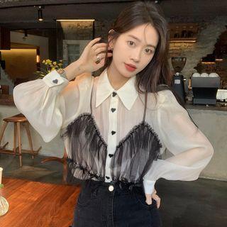 Mock Two-piece Mesh Ruffle Blouse