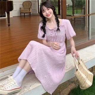 Puff-sleeve Frill Trim Textured Midi A-line Dress