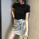Plain Short-sleeve T-shirt / Tie-waist Mini A-line Skirt