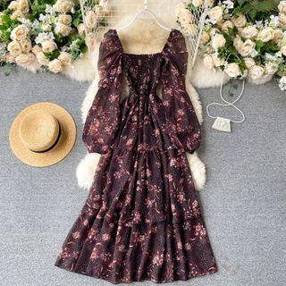 Square-neck Puff-sleeve Ruffle Chiffon Dress