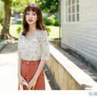 Stand Collar V-neck Floral Top