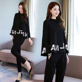 Set: Long-sleeve Mock-neck Top + Straight-leg Pants