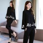 Set: Long-sleeve Mock-neck Top + Straight-leg Pants