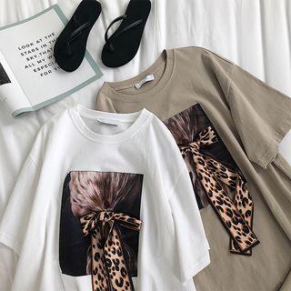 Elbow-sleeve Leopard Print Ribbon T-shirt