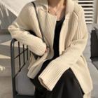Collared Ribbed Cardigan Beige Almond - One Size