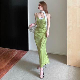 Spaghetti Strap Satin Maxi Bodycon Dress