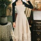 Long-sleeve Square-neck Two Tone Tweed Midi Dress