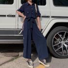 Striped Tie-waist Elbow-sleeve Jumpsuit