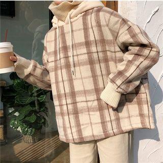 High-neck Panel Plaid Hooded Sweatshirt