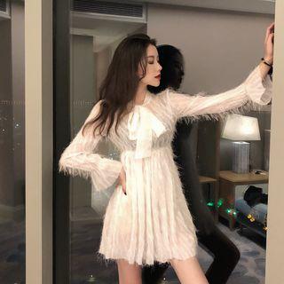 Furry Panel Mesh Long-sleeve Mini Dress