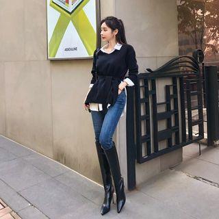 Set: Dip-front Knit Top With Sash + Slit-back Shirt