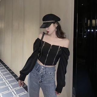 Zip Detail Off-shoulder Long-sleeve Top