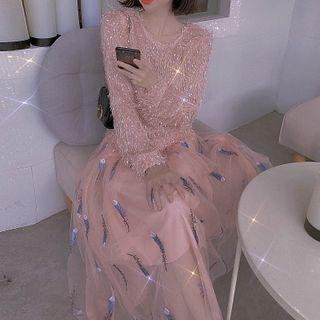 Set: Glitter Knit Top + Feather Embroidered Midi A-line Mesh Skirt