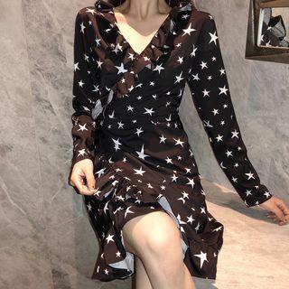 Star Long-sleeve A-line Chiffon Dress Black - One Size