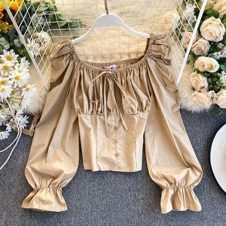 Flared-cuff Smocked Cropped Blouse