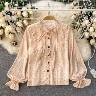 Long-sleeve Dotted Toe-neck Blouse