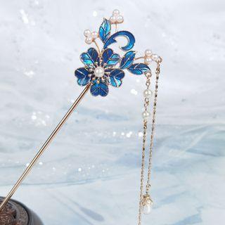 Flower Faux Pearl Hair Stick J80 - Blue - One Size