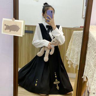 Plain Shirt / Ribbon Bow Tie / A-line Overall Dress / Set