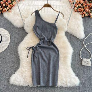 Asymmetrical Shoulder Drawstring Sheath Dress