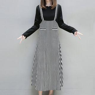 Set: Long-sleeve T-shirt + Striped Midi Pinafore Dress