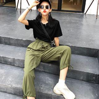 Set: Plain Short Sleeve T-shirt + Drawstring Jogger Pants