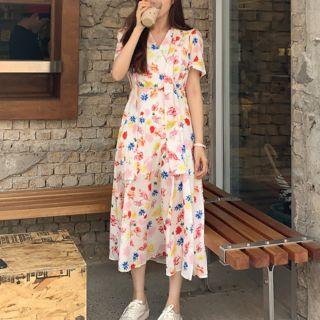 Short Sleeve Floral Printed V-neck Dress