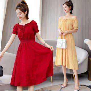 Plain Ruffle Trim Short-sleeve Midi A-line Dress