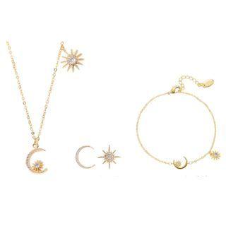 Set: Rhinestone Sun & Moon Pendant Necklace + Bracelet + Ear Stud Set - Gold - One Size