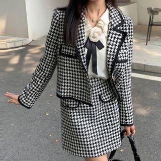 Long-sleeve Houndstooth Cardigan / High-waist Houndstooth Skirt
