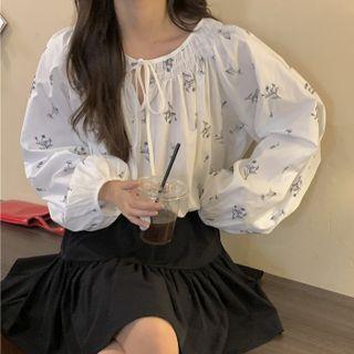 Long-sleeve Floral Oversize Top White - One Size