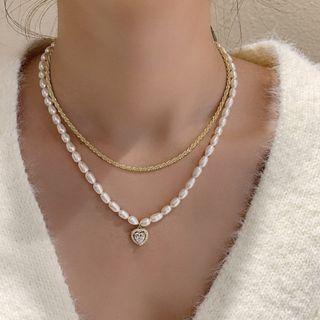 Heart Pendant Freshwater Pearl Necklace / Layered Necklace