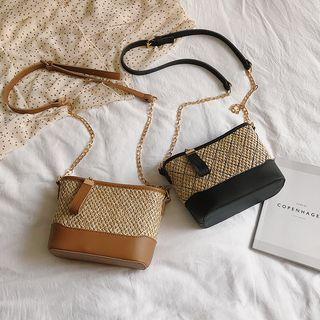 Faux Leather Panel Crossbody Straw Bag