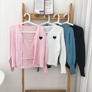 Set:embroidered Long-sleeve Cardigan + Striped Strap Top