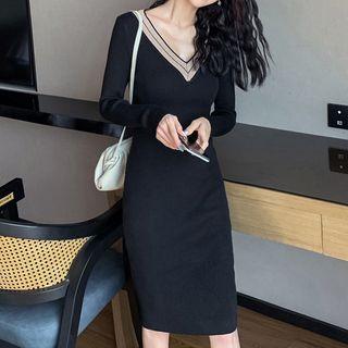 V-neck Long-sleeve Sheath Knit Dress Black - One Size