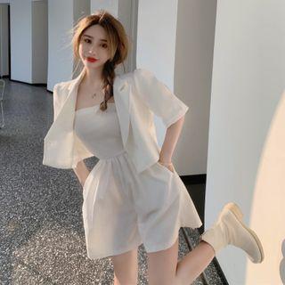 Short-sleeve Cropped Blazer / Strapless Romper