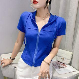 Short-sleeve Hooded Zip-up Top
