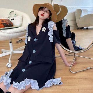 Short-sleeve Ruffle Button-up Dress As Figure - One Size