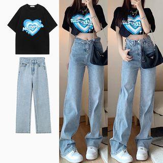 Short-sleeve Lettering Heart Print T-shirt / Washed Baggy Jeans / Set