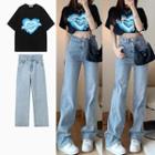 Short-sleeve Lettering Heart Print T-shirt / Washed Baggy Jeans / Set