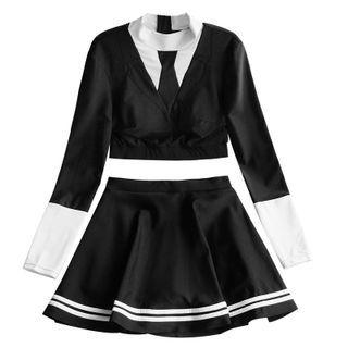 Set: Long-sleeve Crop Swim Top + Striped Swim Skirt