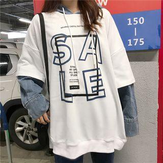 Mock Two-piece Denim Panel Lettering Hoodie