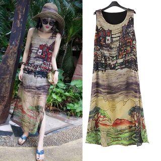 Printed Sleeveless A-line Midi Chiffon Dress