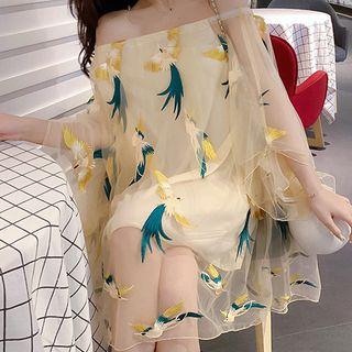 Off-shoulder Embroidered Mini Mesh Dress