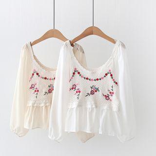 Long Sleeve Round Neck Embroidered Crop Top