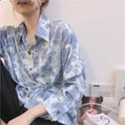 Long-sleeve Tie-dye Loose-fit Shirt Blue - One Size