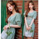 Set: Short-sleeve Mini Plaid A-line Dress + Belt Green - One Size